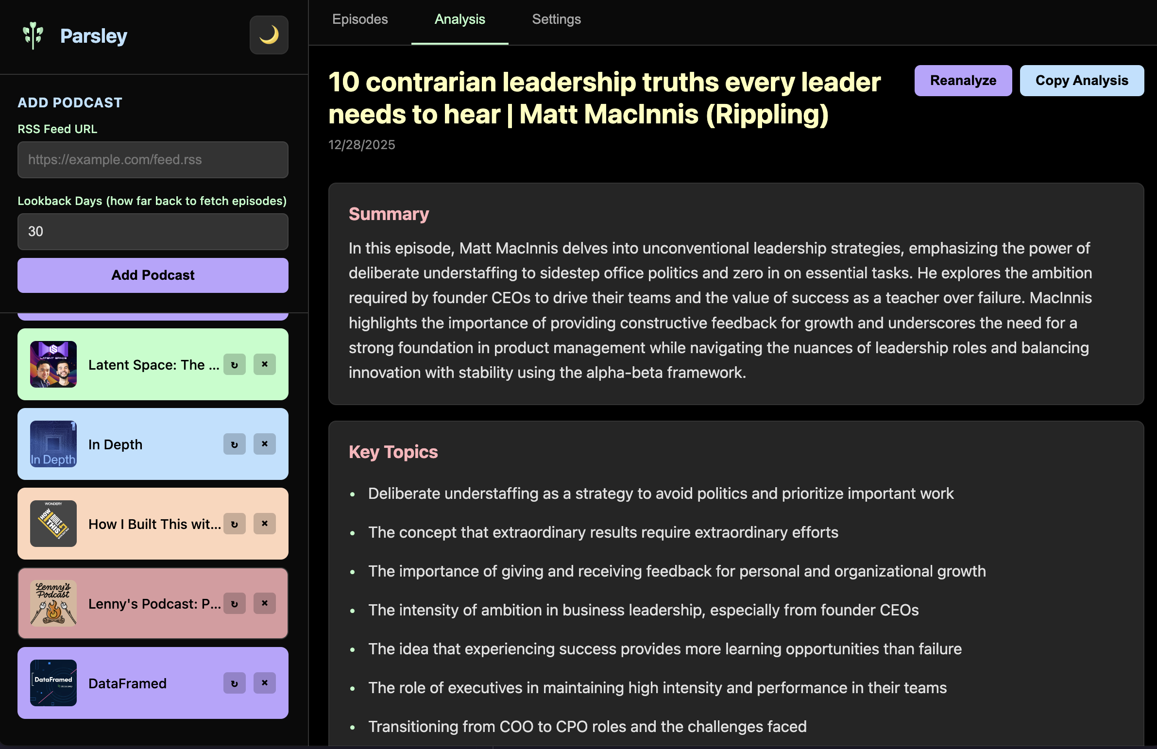 Parsley - Summary and Key Topics view