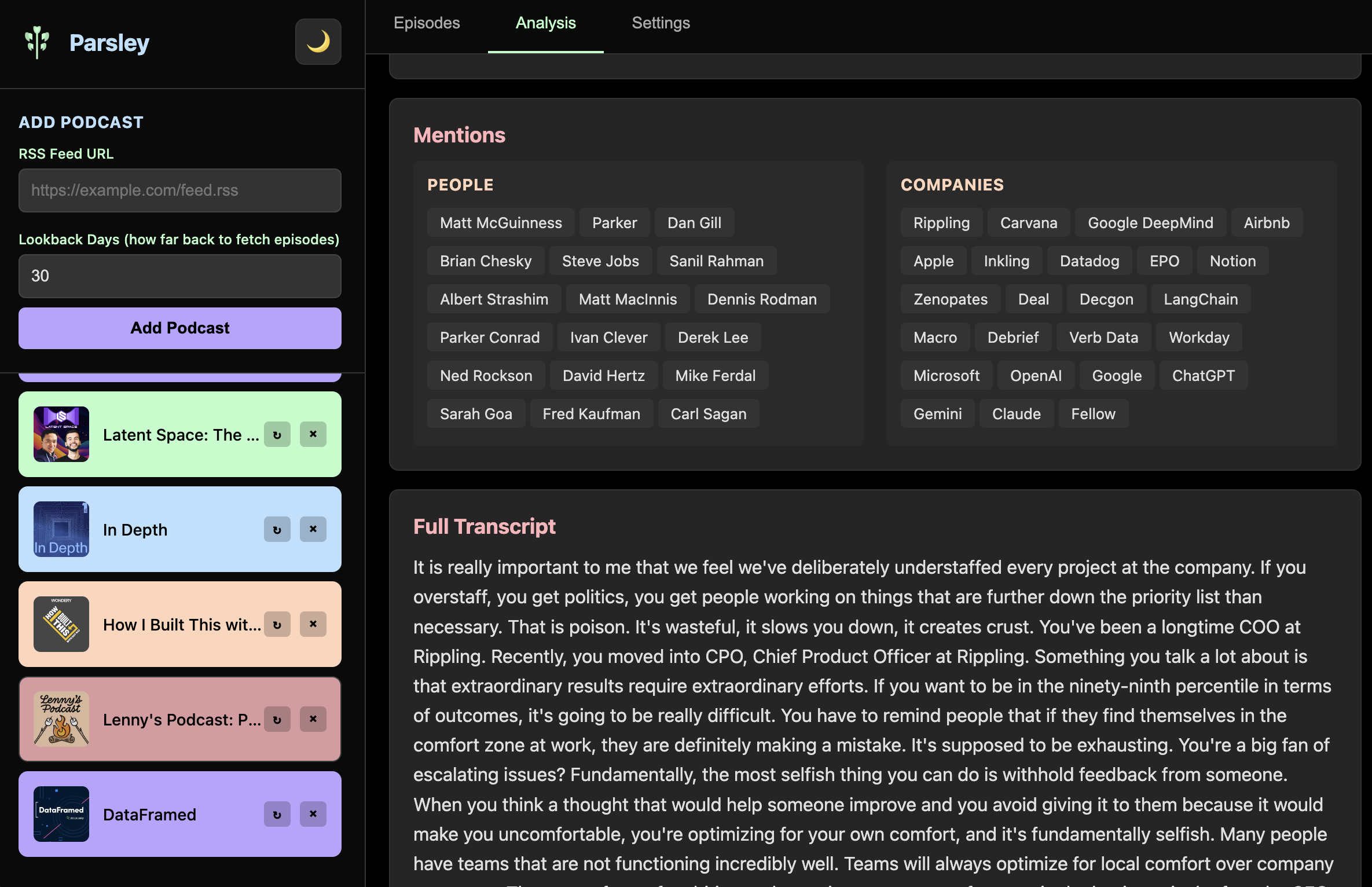 Parsley - Mentions and Transcript view