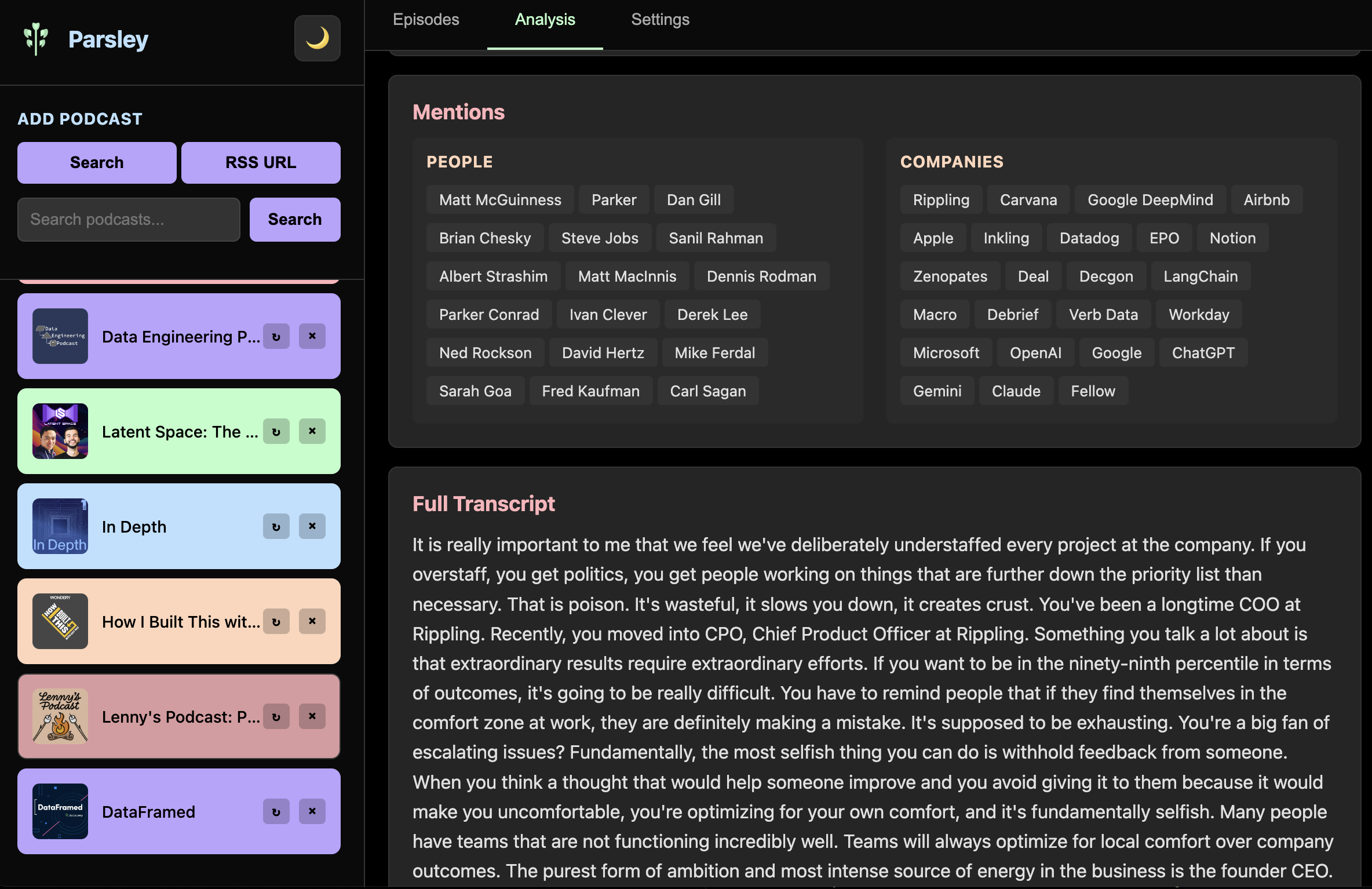 Parsley - Mentions and Transcript view