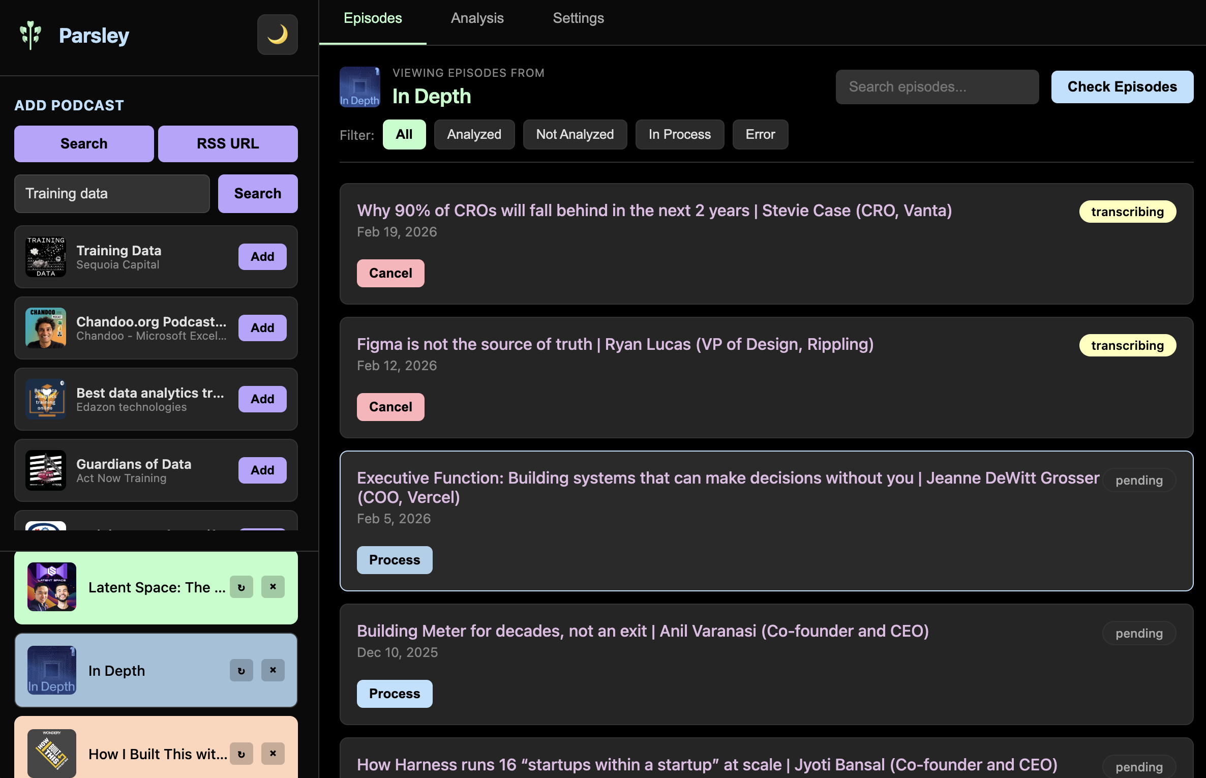 Parsley - Episode Processing view